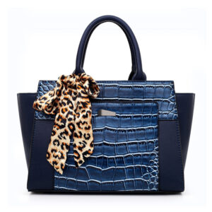 Women’s Crocodile Pattern Hand Shoulder Bag with Tied Leopard Silk Scarf