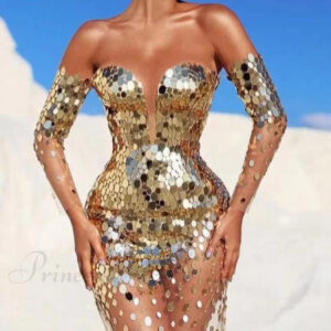 Sequin Mesh Off Shoulder Bodycon Maxi Party Dress