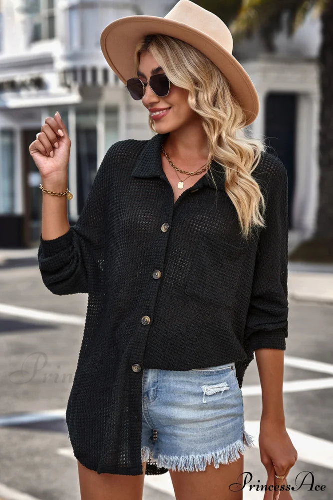 Blouse Waffle-Knit Dropped Neck Collared Shoulder - Image 6