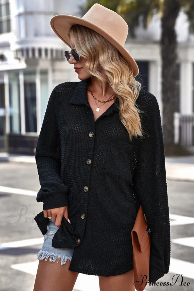 Blouse Waffle-Knit Dropped Neck Collared Shoulder - Image 7