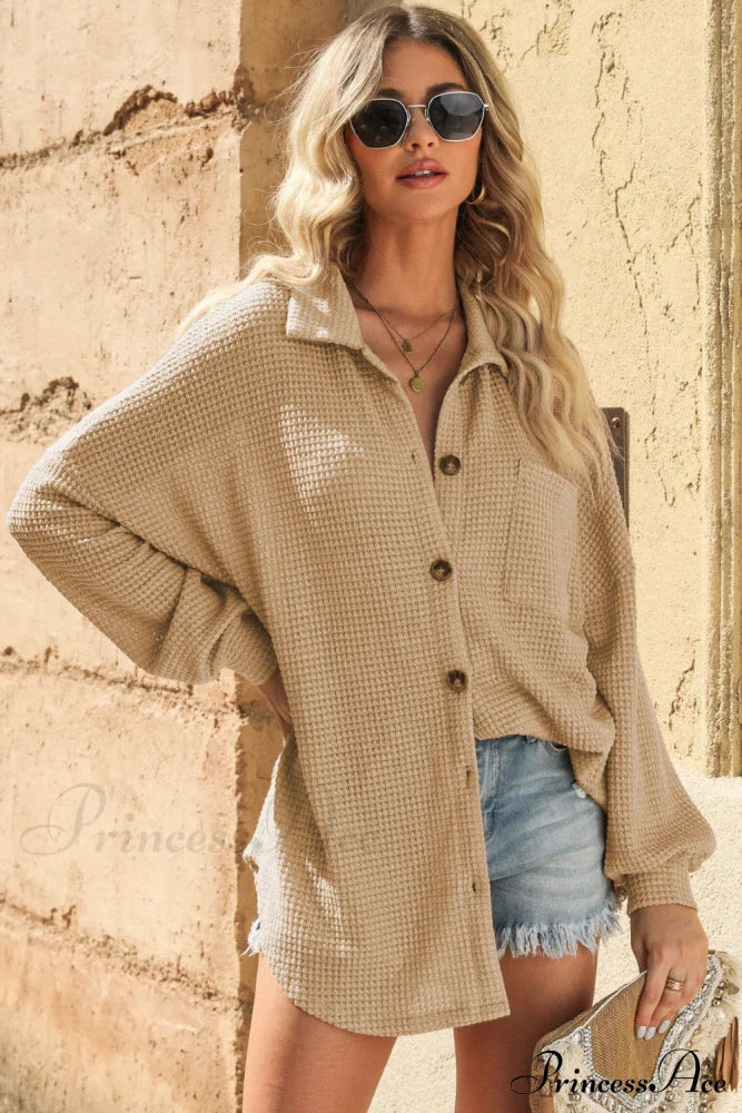 Blouse Waffle-Knit Dropped Neck Collared Shoulder - Image 10